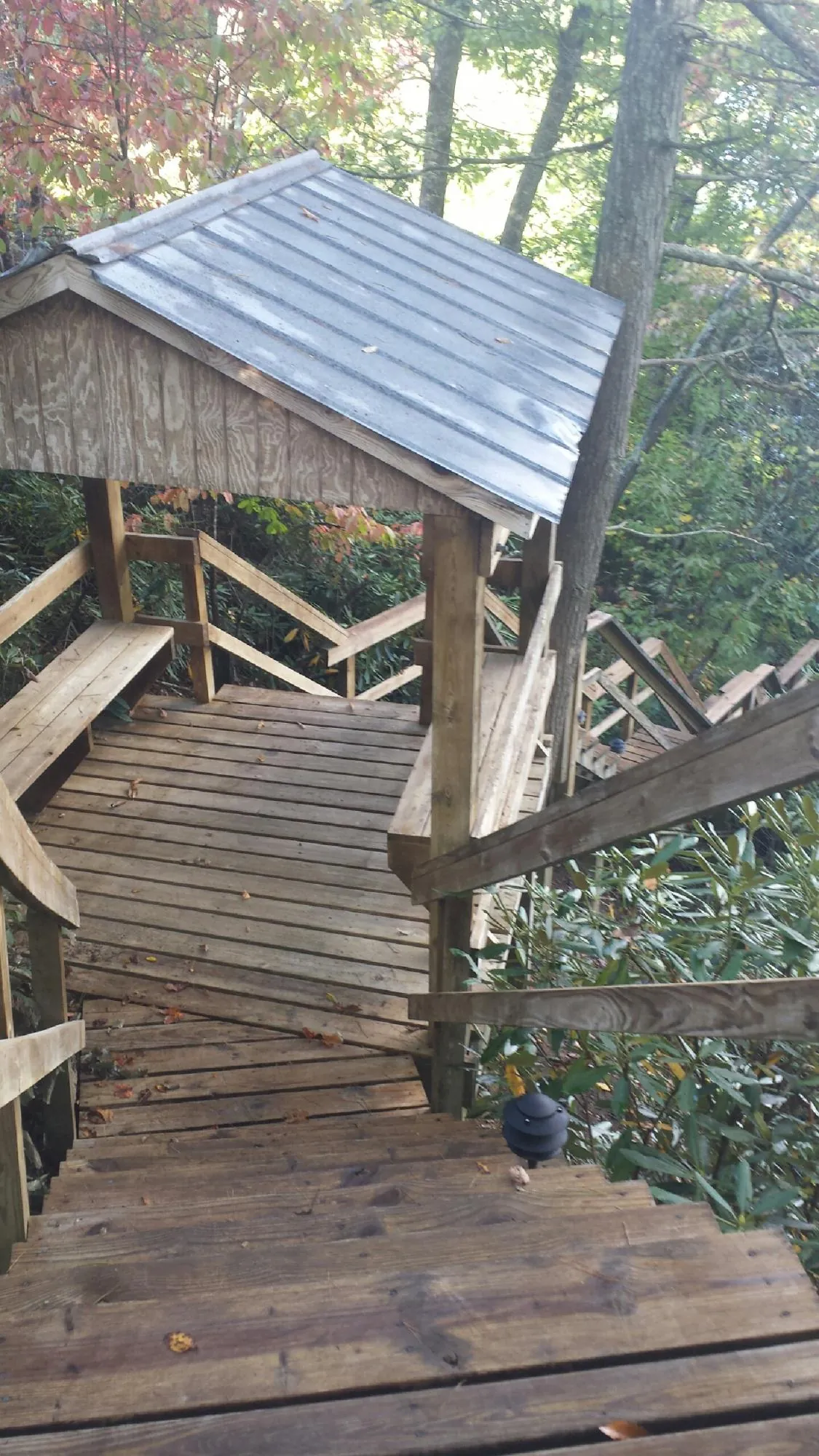 Metal roofed shelter over wooden steps on a wooded walkway — Skylight Repair & Installation work by our crew in Mexia